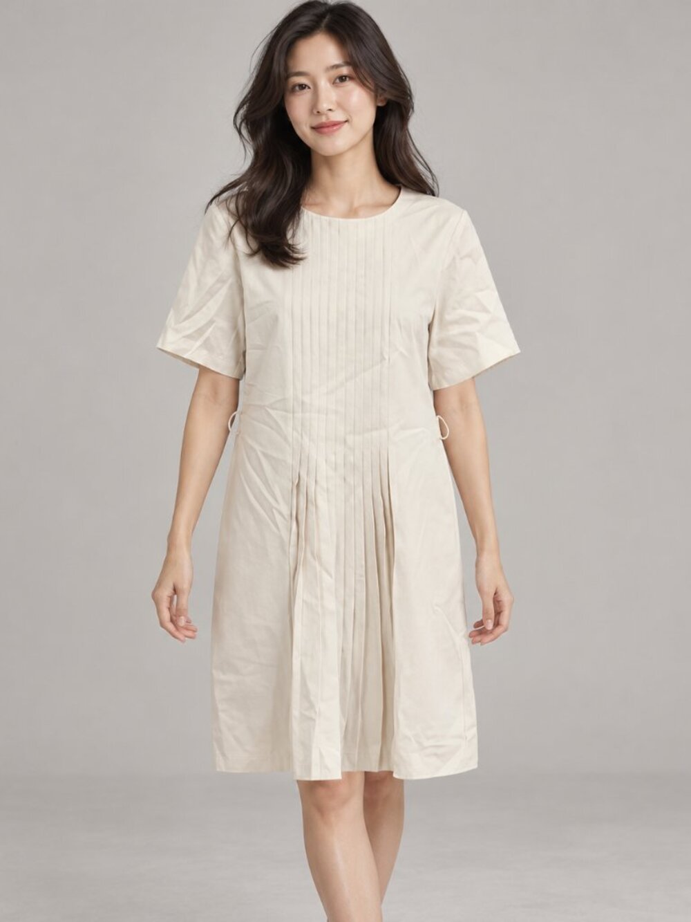 Gucci Cream Pleated Front Short Sleeve Mini Dress